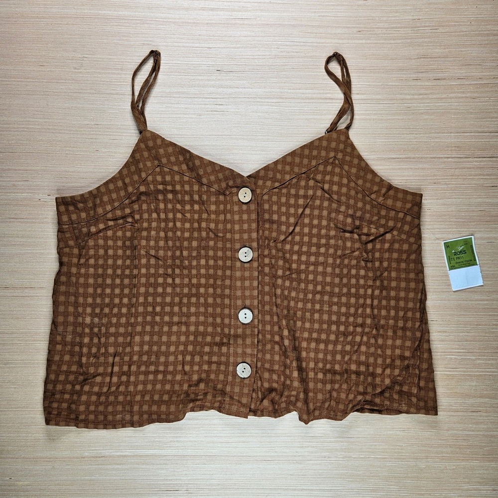 Cottagecore Cami Tank Top Indigo Rising Women XL Brown Gingham Button Front NEW